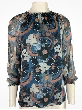 Soler Sz XS 100% Silk Floral Mesh Sleeve Business Casual Blouse Multicolor